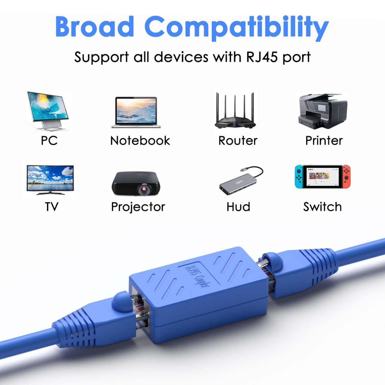 RJ45 Coupler Female to Female Ethernet Coupler for Cat7/Cat6/Cat5/Cat5E Network Cable Extender Adapter RJ45 in Line Coupler (Blue5 Pack)